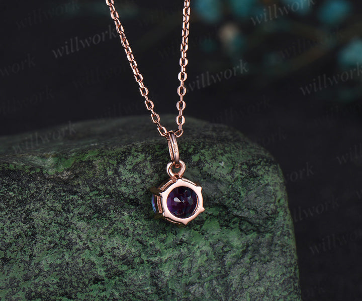 Round Cut Alexandrite Necklace Solid 14k 18k Rose Gold Vintage Unique Personalized 6 Prong Pendant For Women Her Gemstone Anniversary Bridal Gift Mother