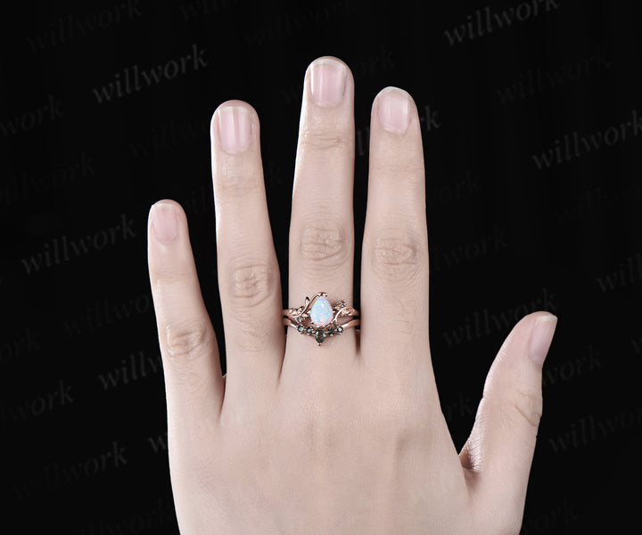 Vintage pear White Opal engagement ring rose gold cluster leaf Moss Agate nature inspired bridal promise wedding ring set women