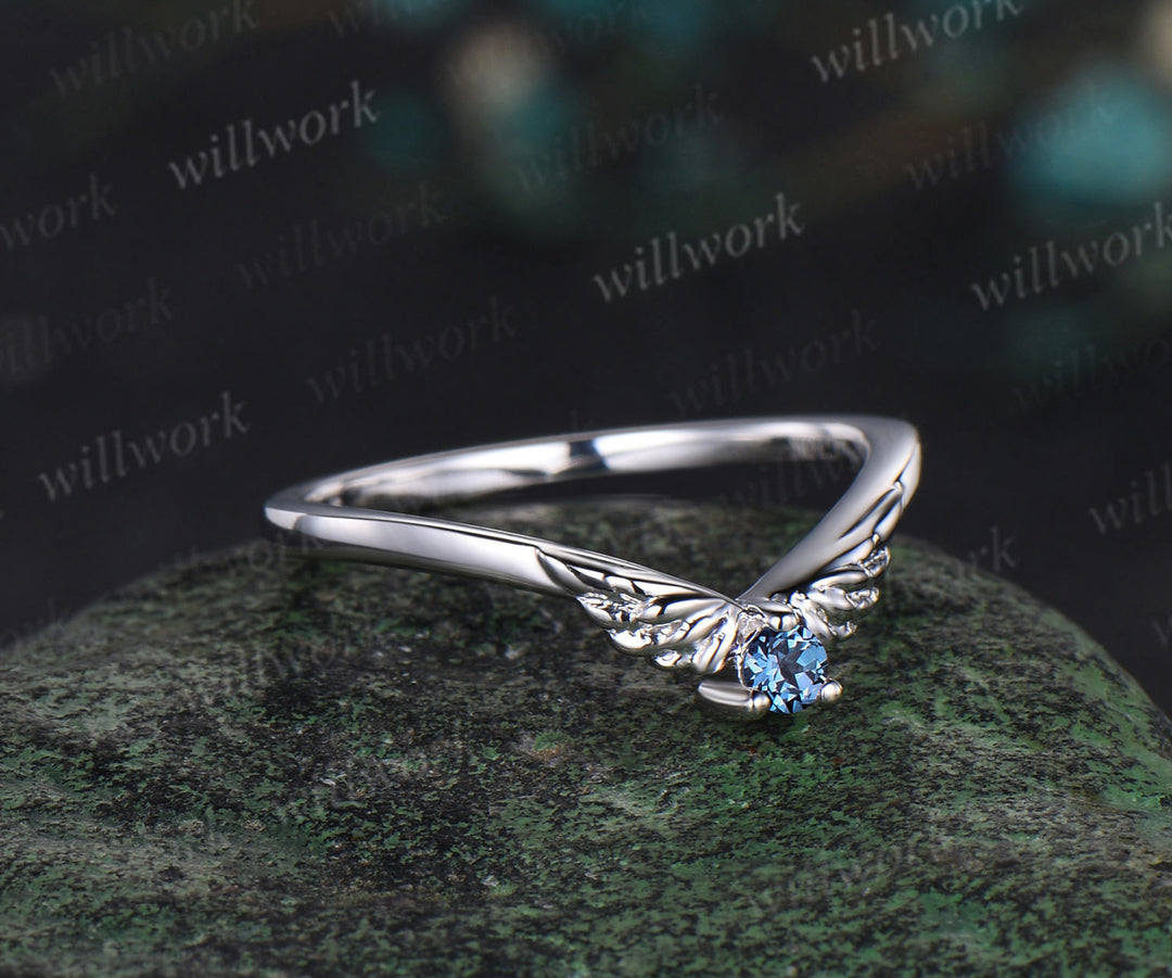 Curved alexandrite wedding band 14k white gold wing stacking anniversary wedding ring women gift