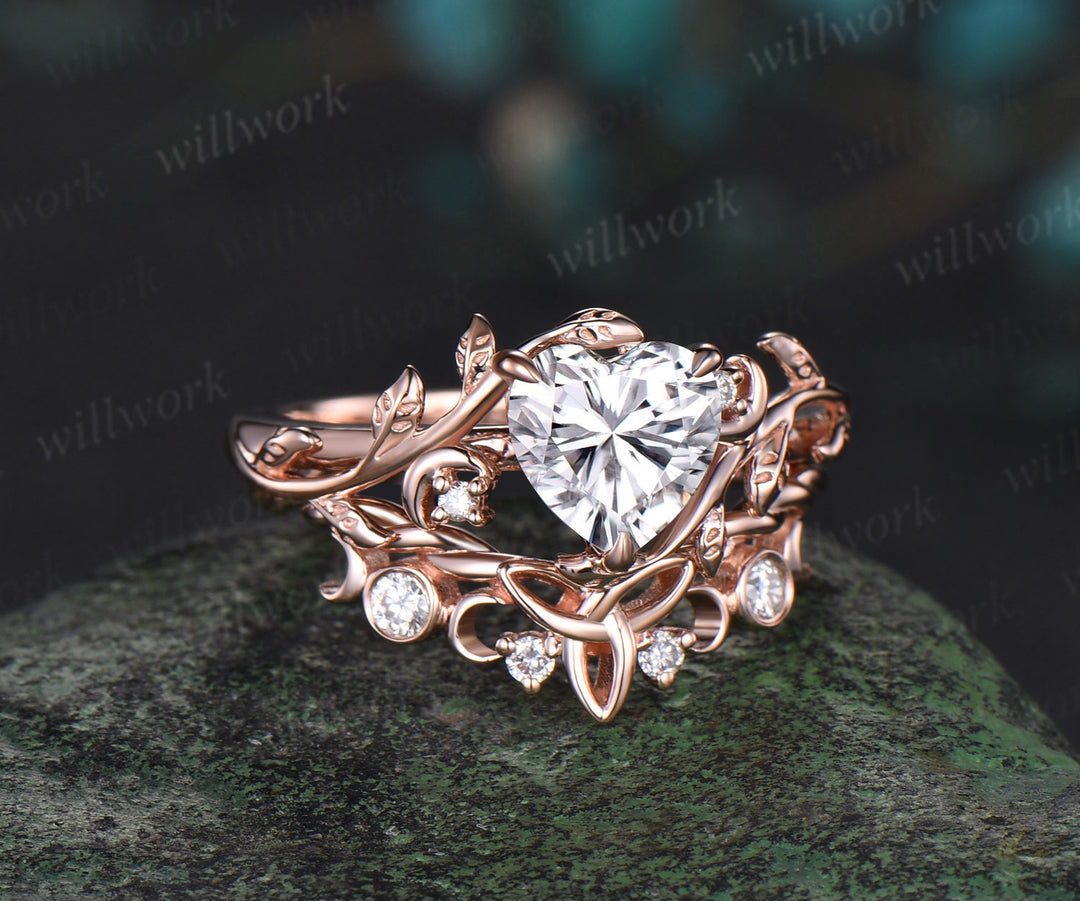 Vintage heart IGI lab-grown diamond engagement ring rose gold twig leaf Nature inspired moon diamond-accented Celtic knot wedding ring set