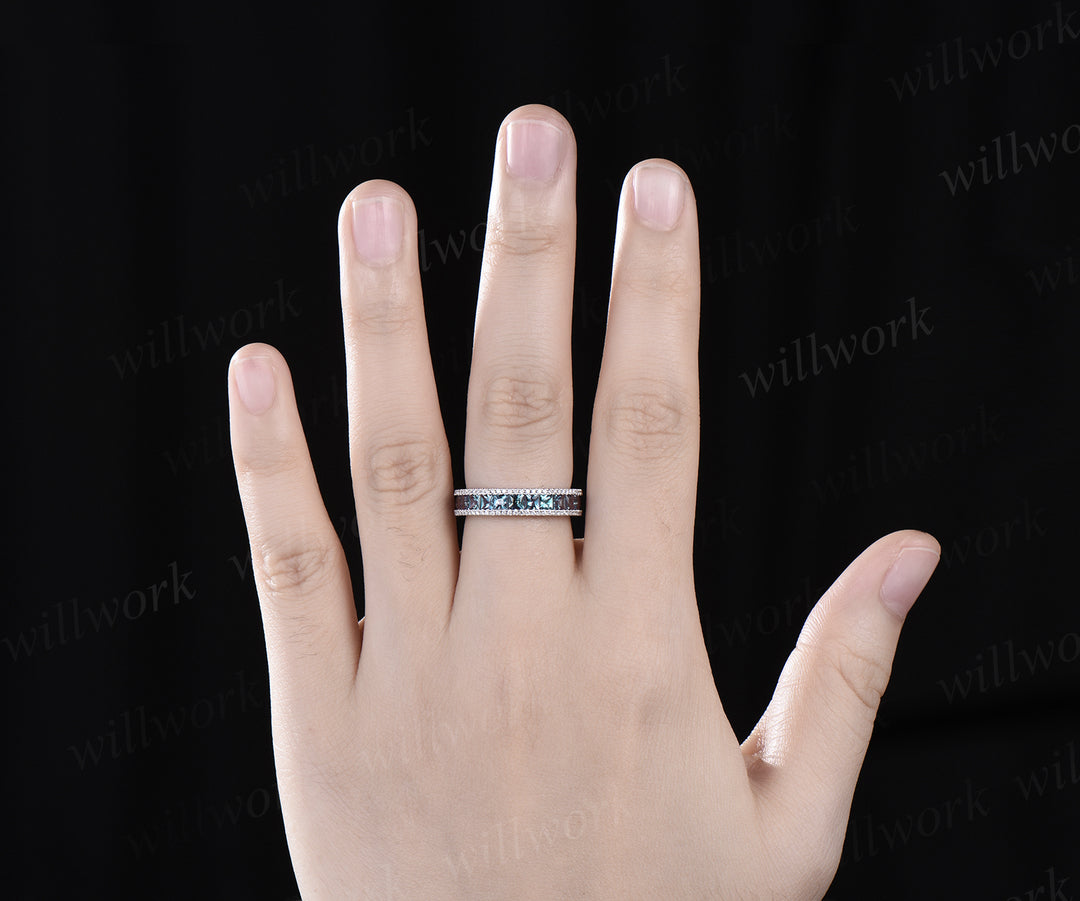 Vintage Princess Cut Alexandrite Wedding Band Full Eternity Diamond Wedding Ring white gold June Birthstone anniversary ring gift