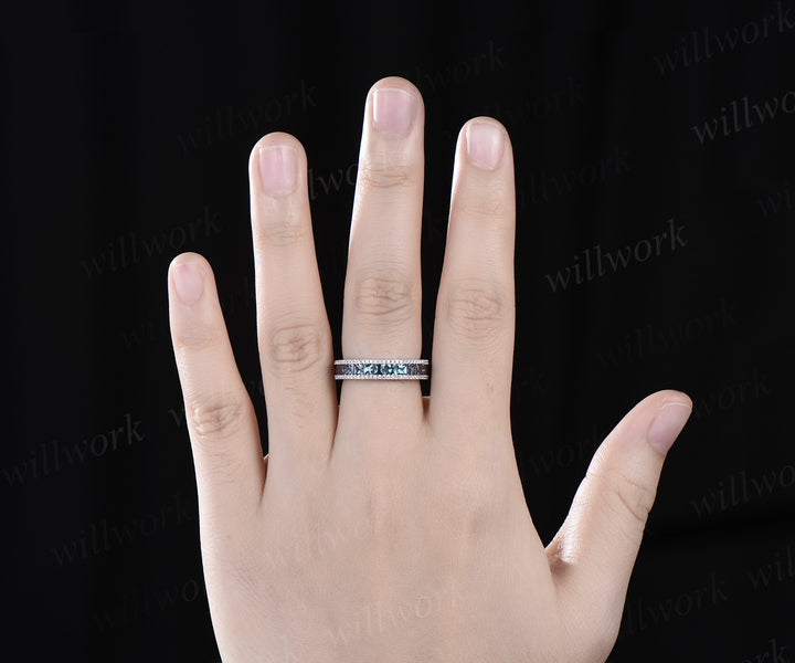 Vintage Princess Cut Alexandrite Wedding Band Full Eternity Diamond Wedding Ring white gold June Birthstone anniversary ring gift