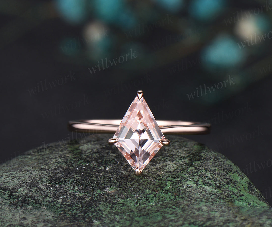 Kite cut morganite engagement ring solid 14k rose gold Solitaire ring unique bridal ring set women