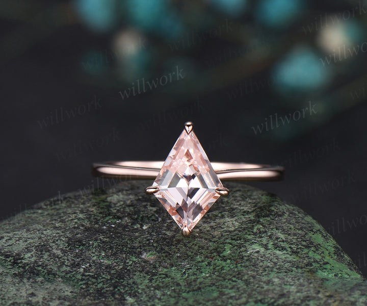 Kite cut morganite engagement ring solid 14k rose gold Solitaire ring unique bridal ring set women