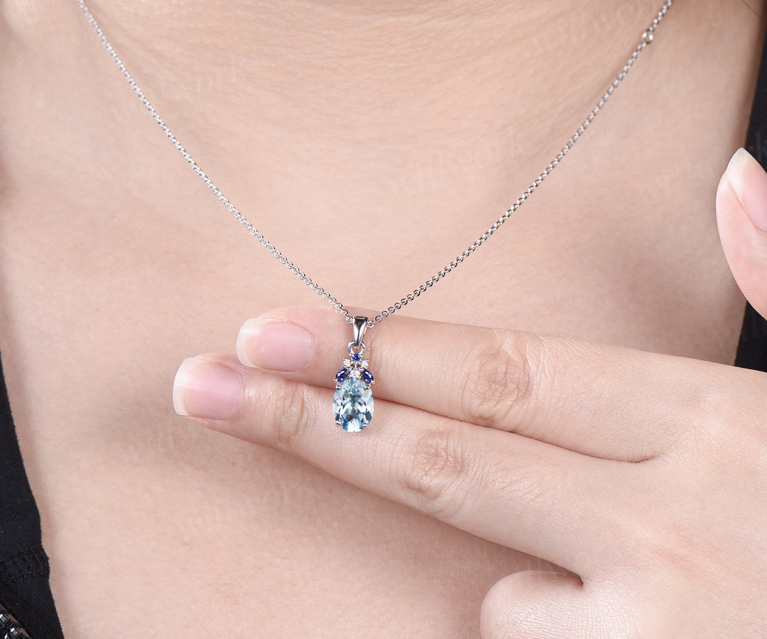 Oval cut natural aquamarine necklace solid 14k white gold cluster sapphire Pendant For Women Anniversary Gifts