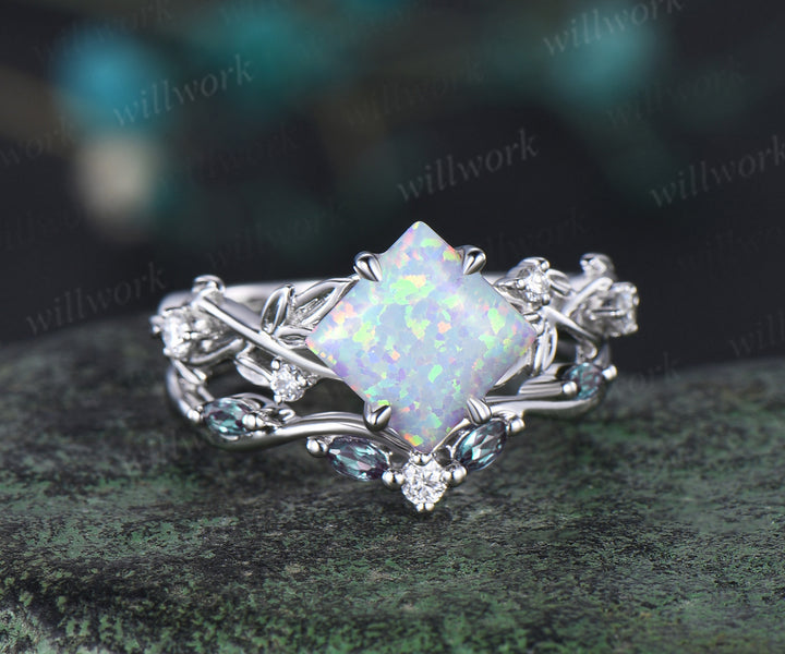 Princess white opal engagement ring set 14k rose gold five stone leaf branch Nature inspired alexandrite diamond bridal ring set women gift