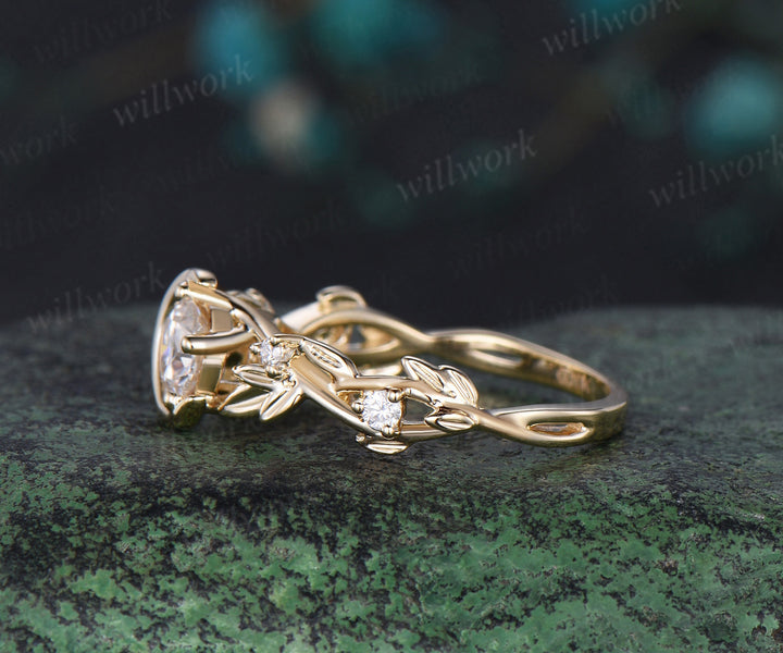 Vintage round cut IGI Lab grown diamond engagement ring solid 14k 18k yellow gold Moon leaf star promise wedding ring women jewelry