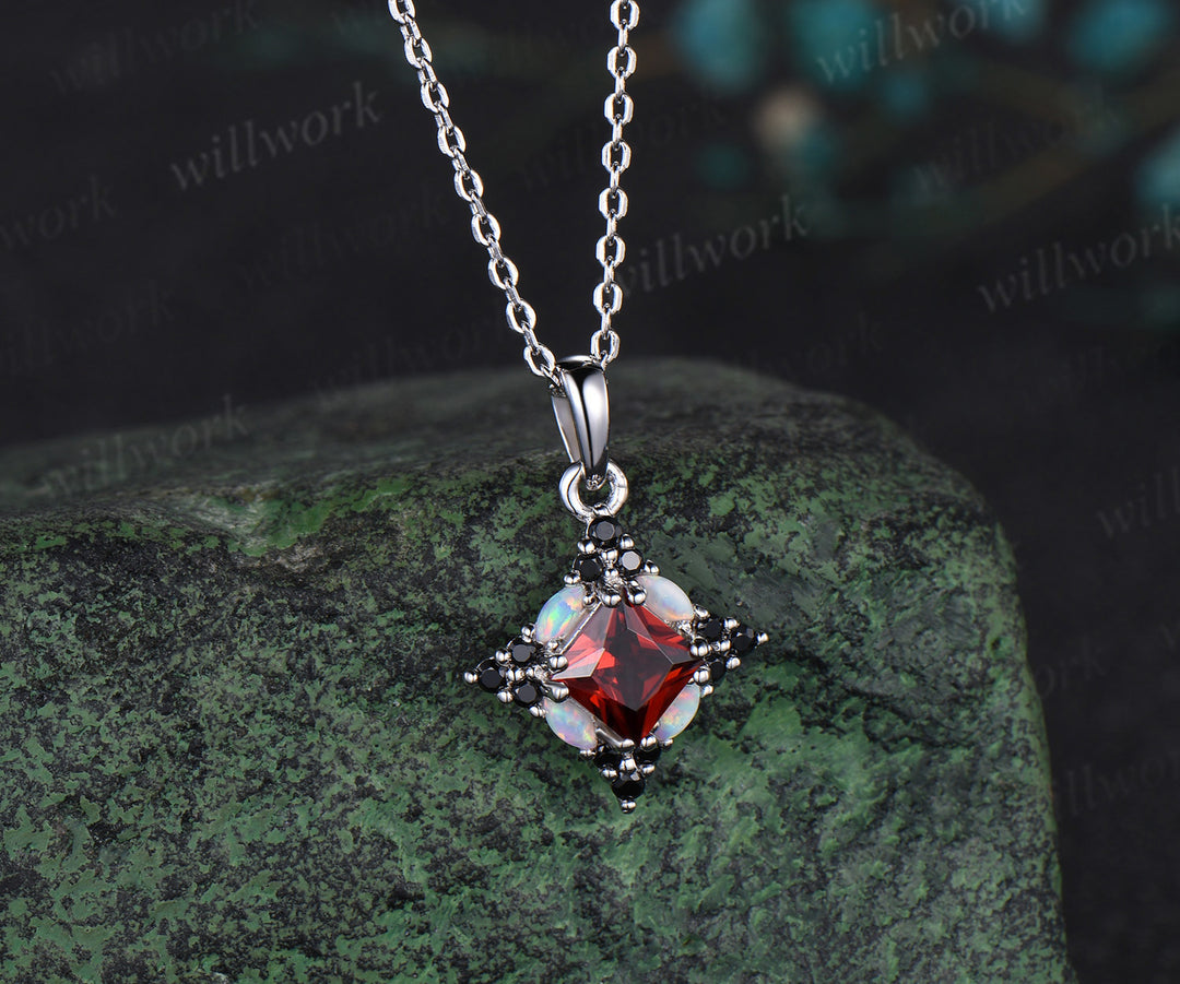 Luxury Princess Cut Necklace Natural 5mm Garnet  Pendant Minimalist  Marquise Opal Black Spinel Geometric January Birthstone Jewelry Anniversary Gift
