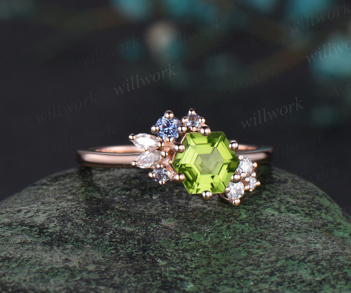 14k rose gold Hexagon Cut August Birthstone Natural Peridot Engagement Ring Goldfish Ring For Her