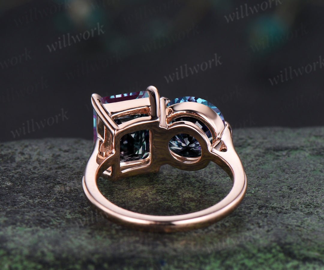 Toi et Moi ring emerald round cut alexandrite engagement ring solid 14k rose gold personalized simple wedding ring June birthstone anniversary bridal gifts