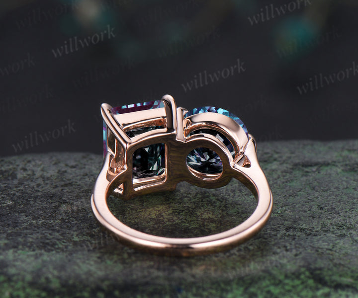 Toi et Moi ring emerald round cut alexandrite engagement ring solid 14k rose gold personalized simple wedding ring June birthstone anniversary bridal gifts