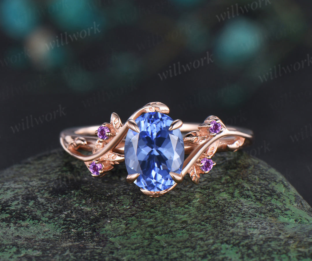 Vintage oval tanzanite engagement ring nature inspired leaf amethyst ring wedding band enhancer twisted bridal ring set women