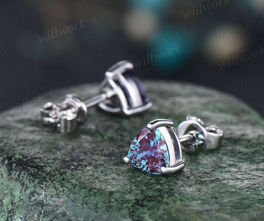 Trillion cut alexandrite earring studs minimalism unique earrings sterling silver 14k/18k white gold earrings for women birthstone gifts for her