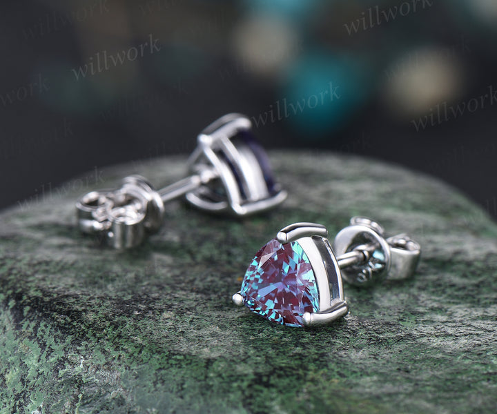 Trillion cut alexandrite earring studs minimalism unique earrings sterling silver 14k/18k white gold earrings for women birthstone gifts for her