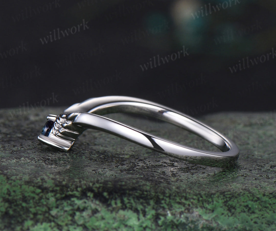 Curved alexandrite wedding band 14k white gold wing stacking anniversary wedding ring women gift
