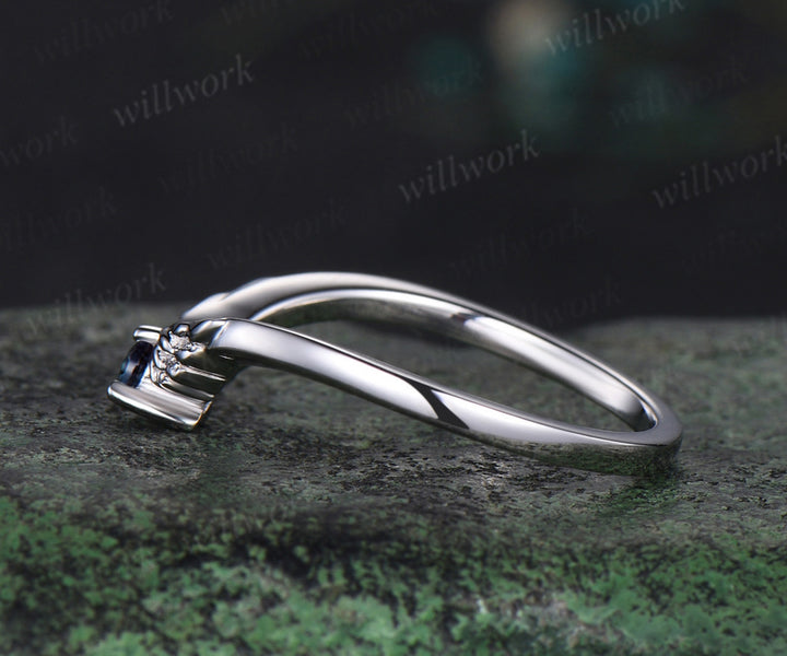 Curved alexandrite wedding band 14k white gold wing stacking anniversary wedding ring women gift