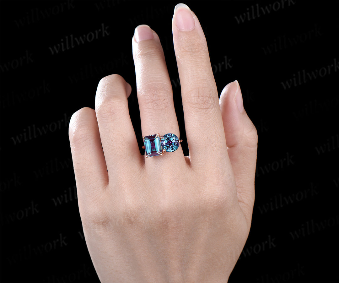 Toi et Moi ring emerald round cut alexandrite engagement ring solid 14k rose gold personalized simple wedding ring June birthstone anniversary bridal gifts