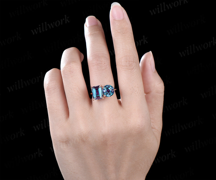 Toi et Moi ring emerald round cut alexandrite engagement ring solid 14k rose gold personalized simple wedding ring June birthstone anniversary bridal gifts