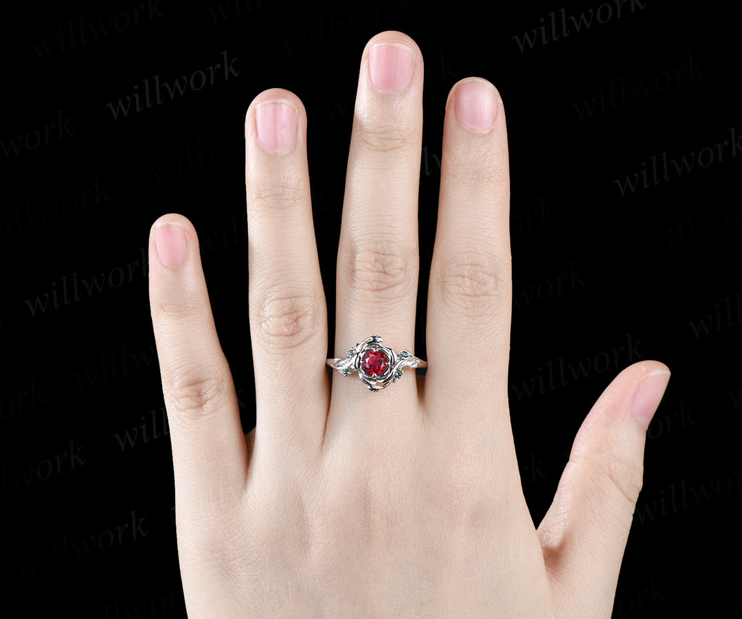 Unique Round Cut Garnet Engagement Ring Floral Leaf Art Deco Vine Wrapped emerald Ring 14k White Gold Engagement ring Anniversary Gift Ring