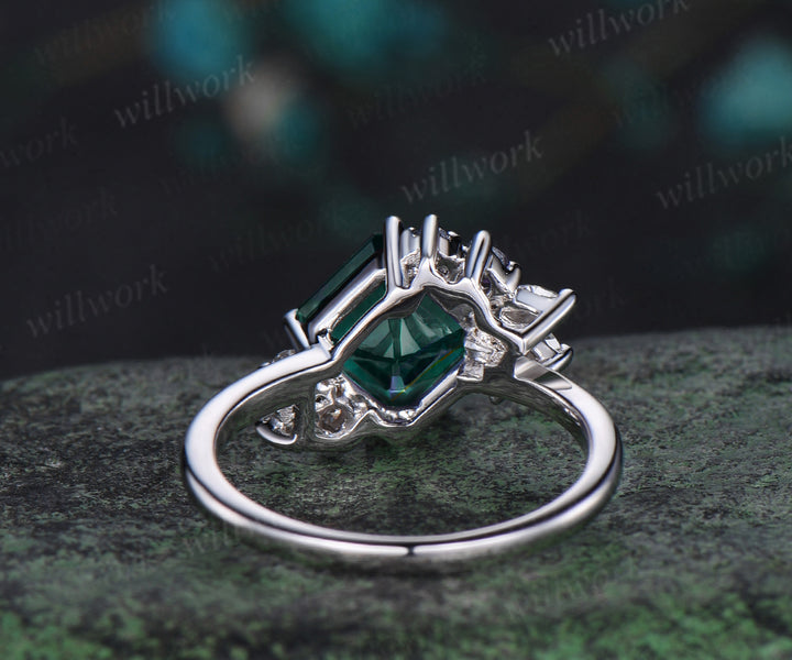 Asscher cut emerald engagement ring alexandrite & diamond cluster unique proposal ring June birthstone promise ring for her