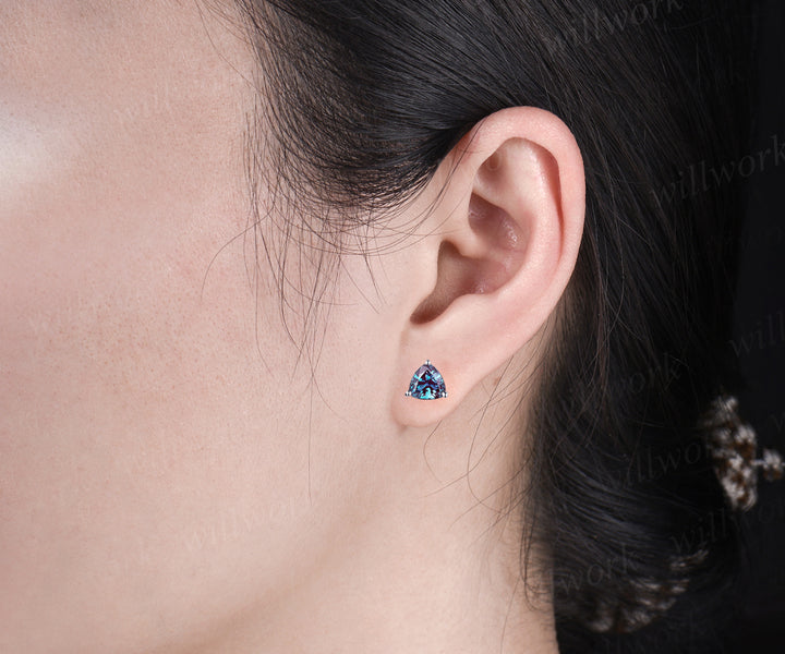 Trillion cut alexandrite earring studs minimalism unique earrings sterling silver 14k/18k white gold earrings for women birthstone gifts for her