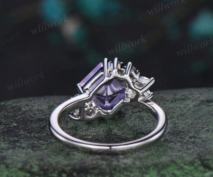 Unique Asscher cut lavender amethyst engagement ring alexandrite diamond cluster proposal ring crystal wedding ring for women