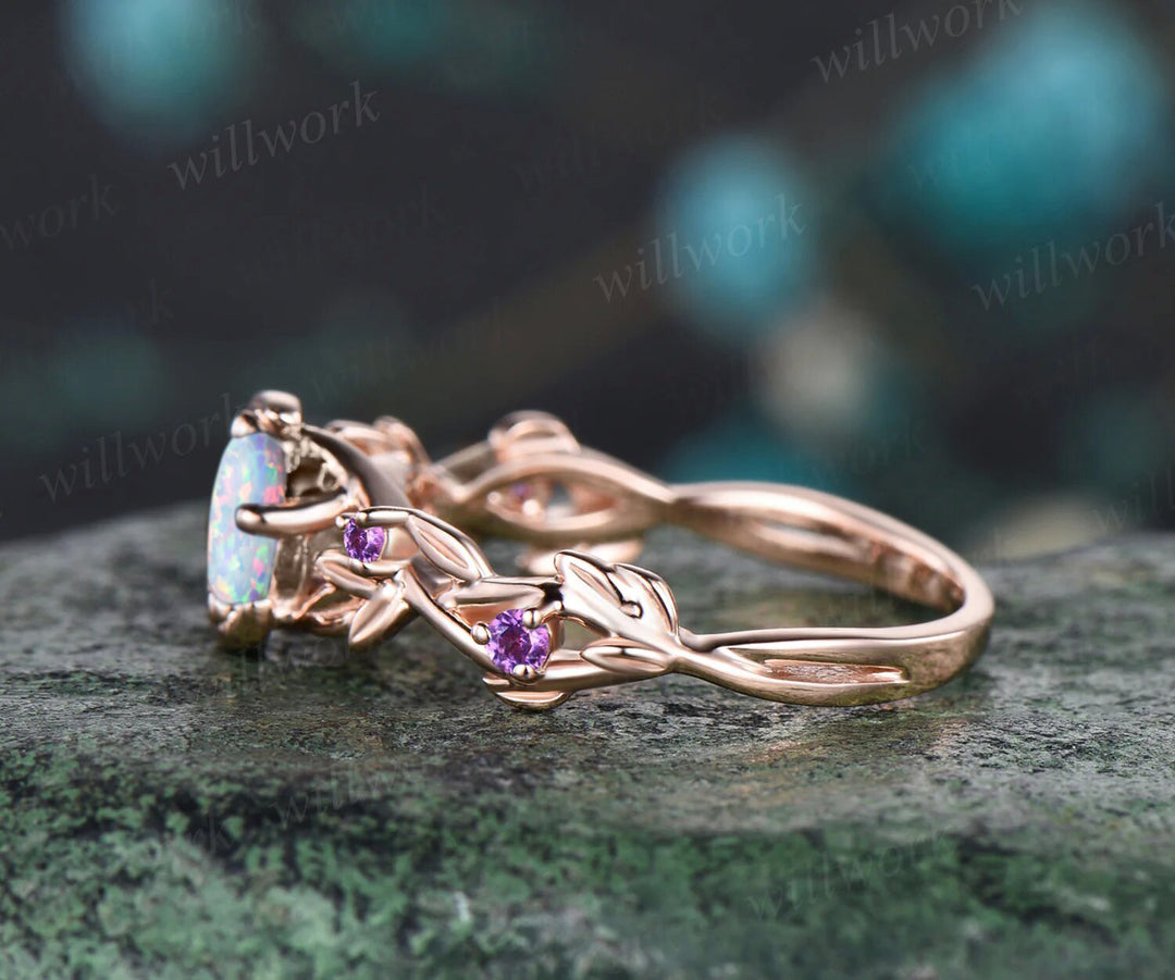 Round Cut Opal October birthstone Engagement Ring Unique Amethyst Moon Star Wedding Ring Leaf Vine Twig Branch Nature Inspired Anniversary Ring Jewelry Gift