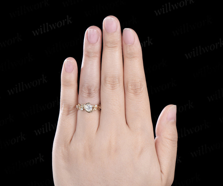 Vintage round cut IGI Lab grown diamond engagement ring solid 14k 18k yellow gold Moon leaf star promise wedding ring women jewelry