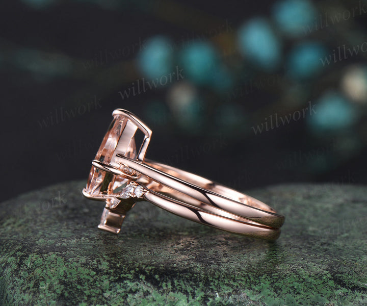 Kite cut morganite engagement ring solid 14k rose gold Solitaire ring unique bridal ring set women