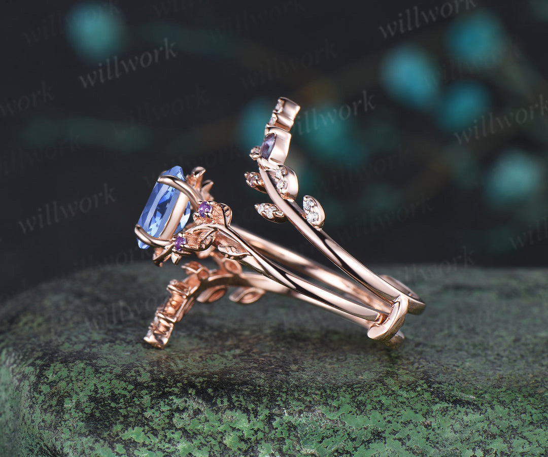 Vintage oval tanzanite engagement ring nature inspired leaf amethyst ring wedding band enhancer twisted bridal ring set women