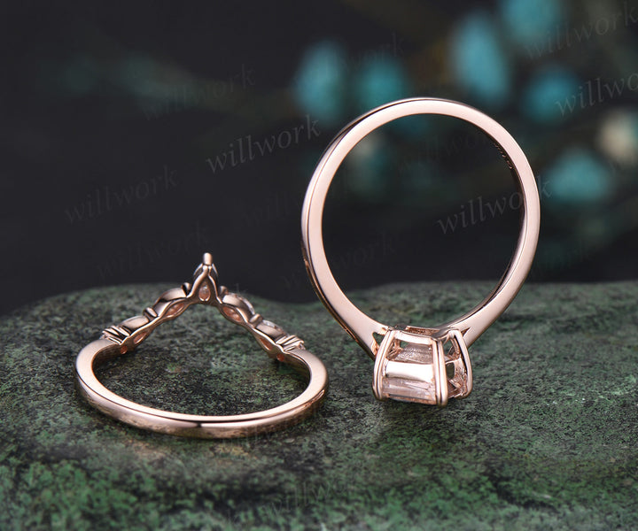 Kite cut morganite engagement ring solid 14k rose gold Solitaire ring unique bridal ring set women