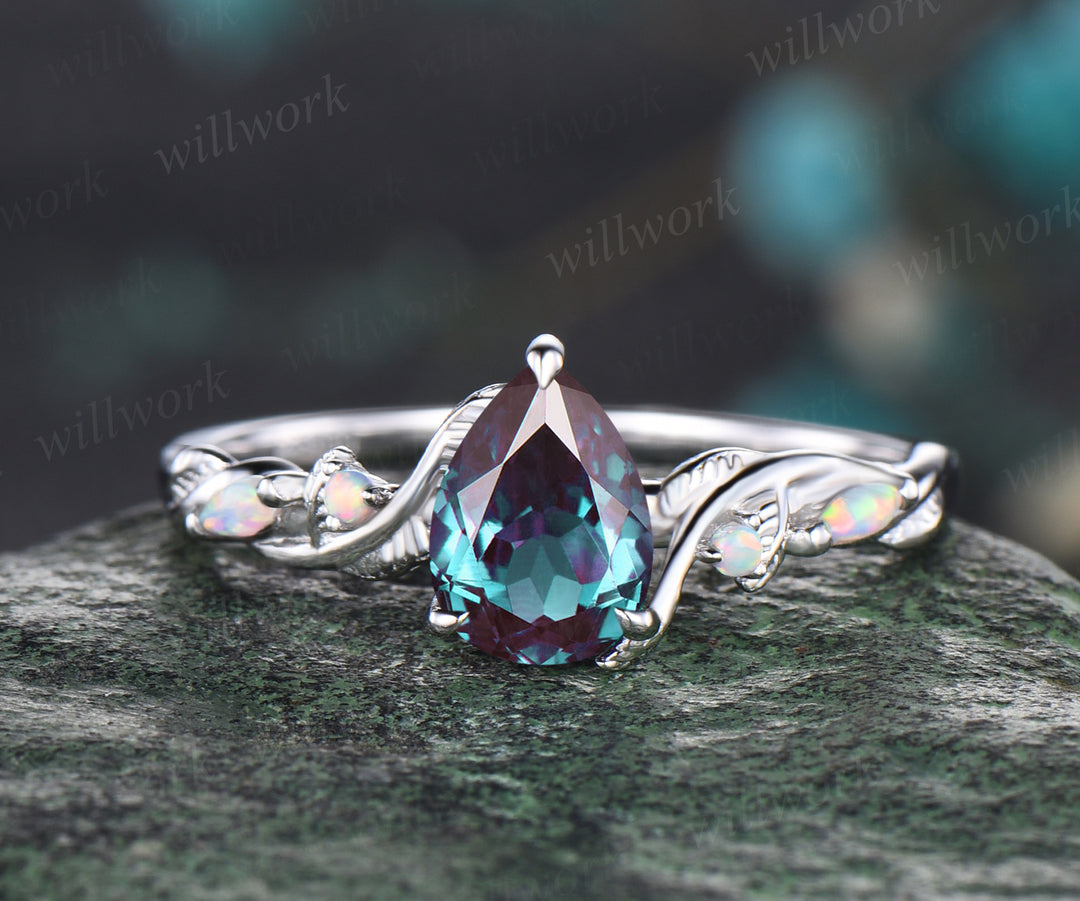 Vintage June Birthstone Pear Cut Alexandrite Engagement Ring Set Five Stone Opal Wedding Band Nature Inspired 2pcs Bridal Ring Set Vine Twig Branch Leaf Promise Ring Set