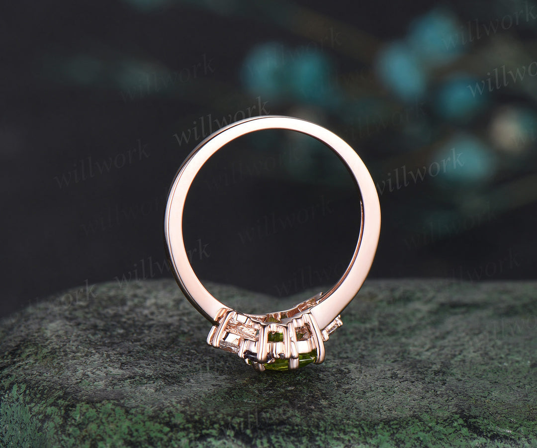 Hexagon cut natural peridot ring rose gold unique cluster engagement ring 6 prong alexandrite diamond anniversary ring jewelry