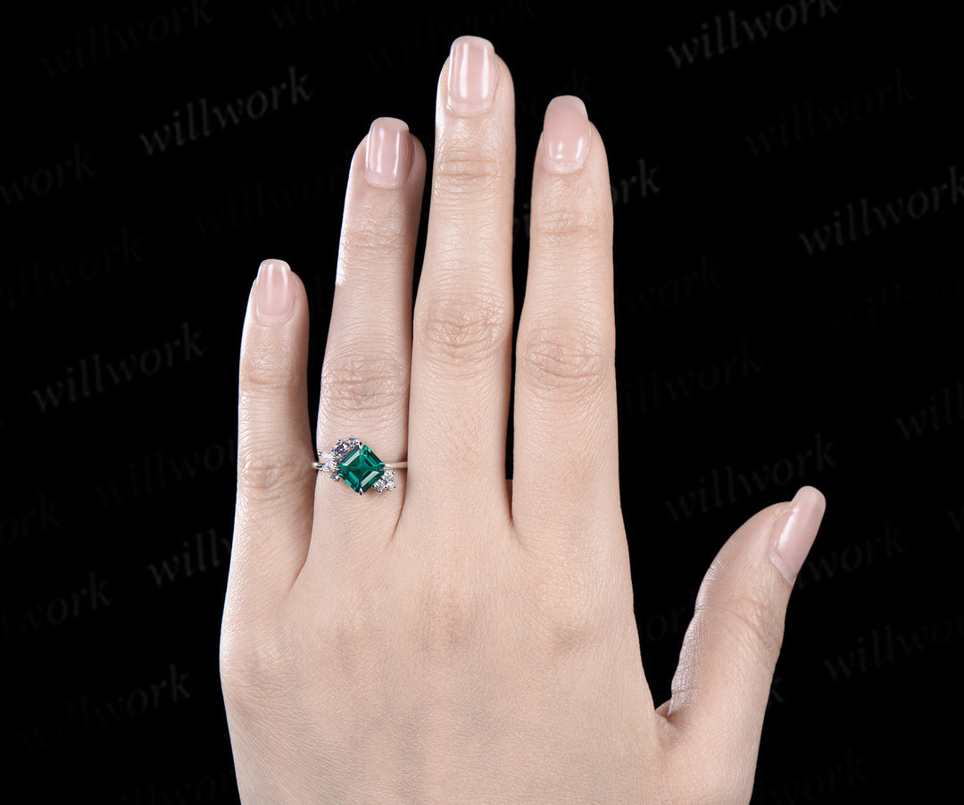 Asscher cut emerald engagement ring alexandrite & diamond cluster unique proposal ring June birthstone promise ring for her