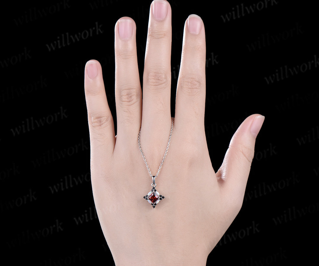 Luxury Princess Cut Necklace Natural 5mm Garnet  Pendant Minimalist  Marquise Opal Black Spinel Geometric January Birthstone Jewelry Anniversary Gift