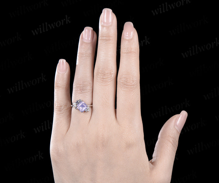 Unique Asscher cut lavender amethyst engagement ring alexandrite diamond cluster proposal ring crystal wedding ring for women