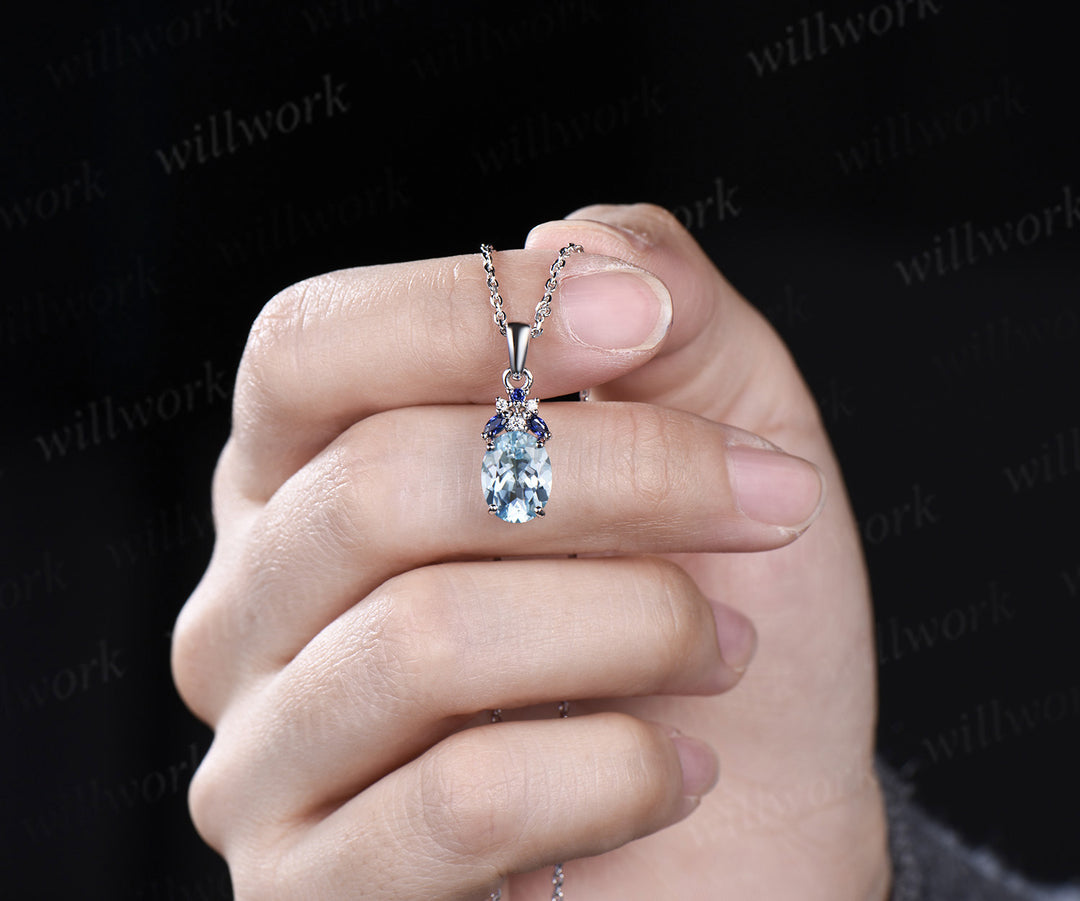 Oval cut natural aquamarine necklace solid 14k white gold cluster sapphire Pendant For Women Anniversary Gifts