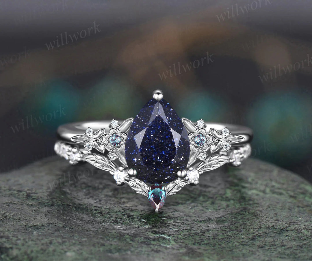 Unique Leaf Flower Nature Inspired Ring Teardrop Blue Sandstone Engagement Ring Set Art Deco Alexandrite Moissanite Galaxy Healing Jewelry