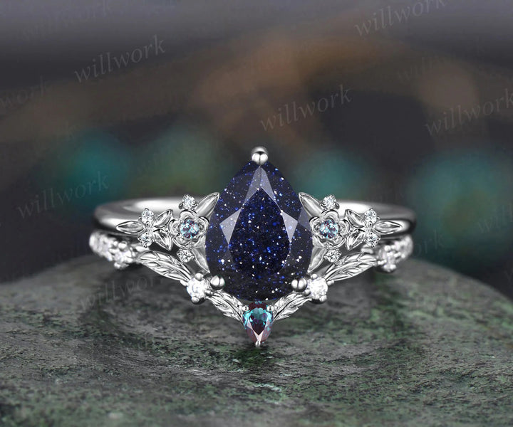 Unique Leaf Flower Nature Inspired Ring Teardrop Blue Sandstone Engagement Ring Set Art Deco Alexandrite Moissanite Galaxy Healing Jewelry