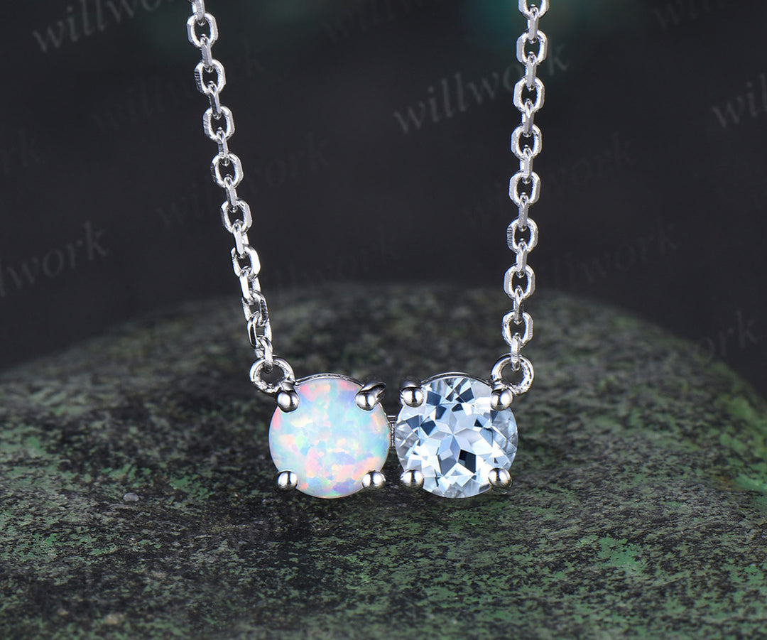 Two stone round cut opal aquamarine Necklace solid 14k 18k white gold Pendant dainty gift