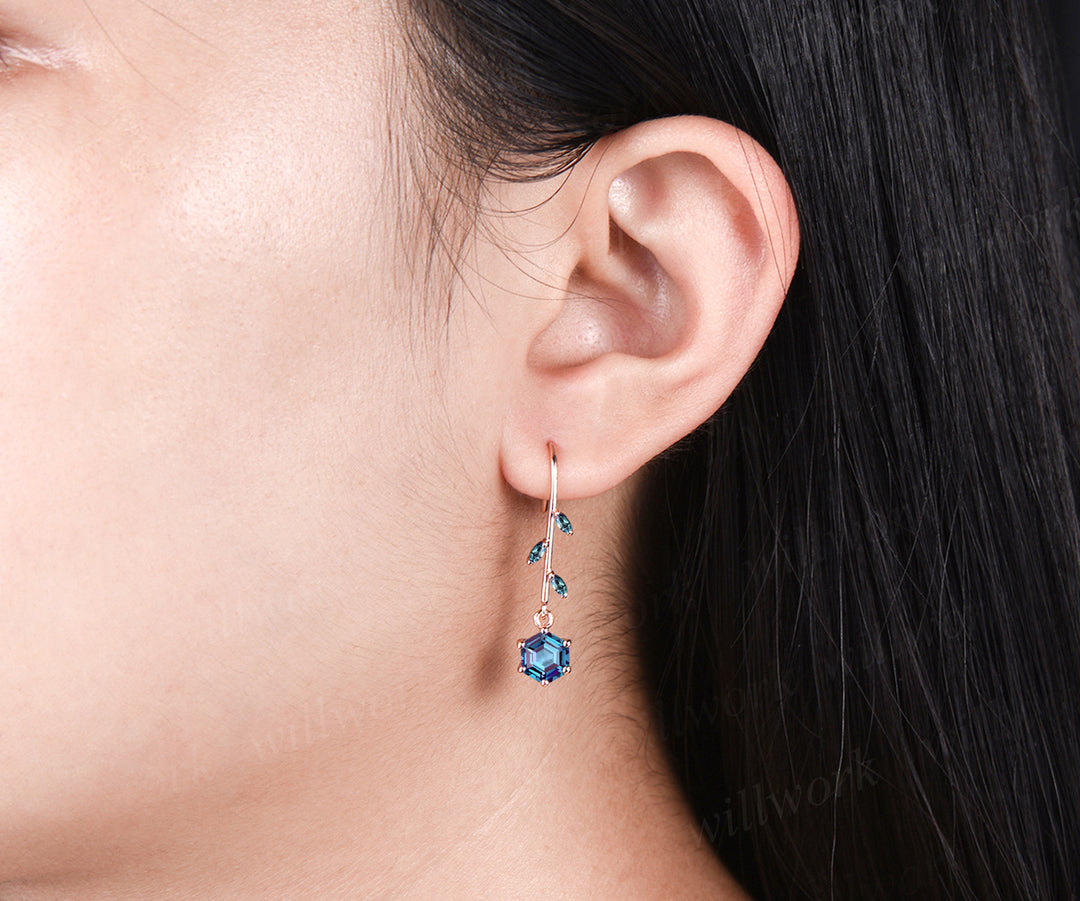 Delicate June Birthstone Alexandrite Drop Earrings Unique Color Change Stone Alexandrite Dangle Earrings 14k Rose Gold Alexandrite Earrings