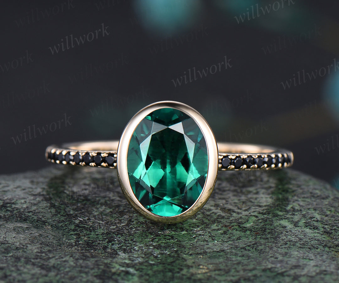 Oval Cut Green Emerald Engagement Ring Unique Black Spinel Diamond Half Eternity Ring Bezel Set Promise Ring