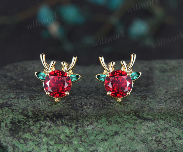 Christmas Deer Round Ruby Earrings 14k Yellow gold Emerald Earrings Jewelry Xmas Gift for Her