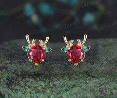 Christmas Deer Round Ruby Earrings 14k Yellow gold Emerald Earrings Jewelry Xmas Gift for Her