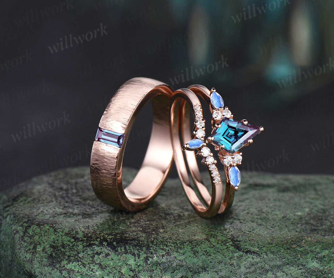 Captivating Alexandrite Kite & Moonstone Ring Set | Refined baguette Alexandrite Men's Ring 14K rose gold couple set jewellery Perfect for Valentine's Day Gifts and Thoughtful Presents for Her
