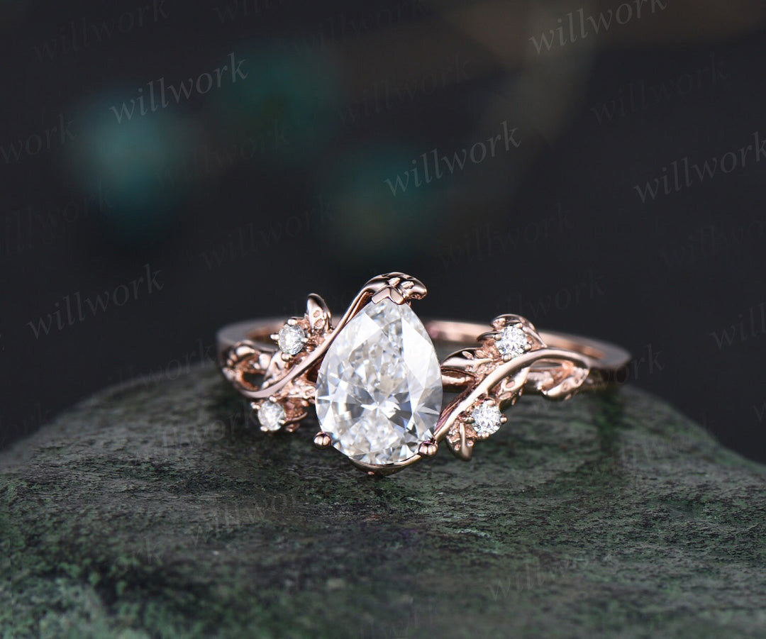 Pear IGI Lab Grown Diamond Engagement Ring Twig Leaf Nature Inspired Ring