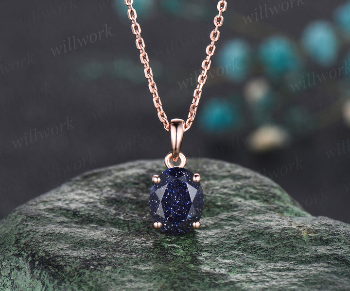 Unique Galaxy Oval Cut Blue Sandstone Necklace Art Deco Healing Blue Gemstone Solitaire Pendant 14k Rose Gold Starry Sky Necklace Birthday Promise Anniversary Necklace Jewelry Gift