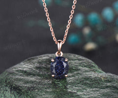 Unique Galaxy Oval Cut Blue Sandstone Necklace Art Deco Healing Blue Gemstone Solitaire Pendant 14k Rose Gold Starry Sky Necklace Birthday Promise Anniversary Necklace Jewelry Gift