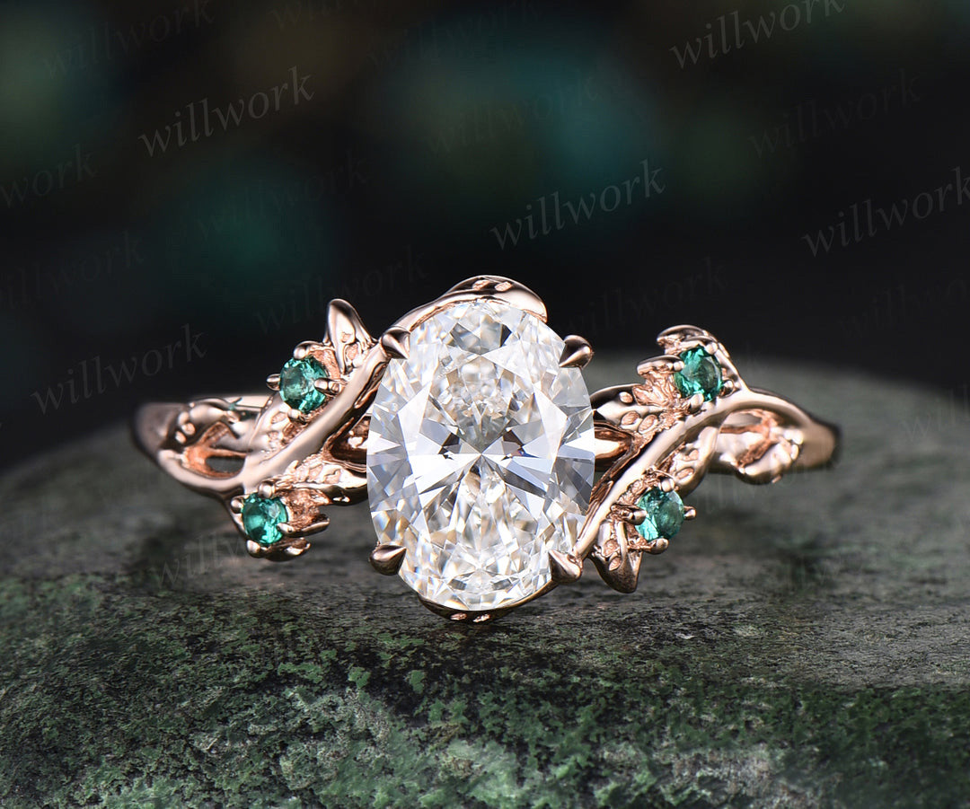 Oval Cut IGI Lab Grown Diamond Engagement Ring Set Twig Leaf Ring Art Deco Emerald Wedding Bridal Set
