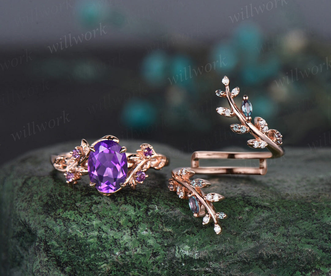 Vintage oval amethyst engagement ring nature inspired leaf amethyst ring wedding band enhancer twisted bridal ring set women
